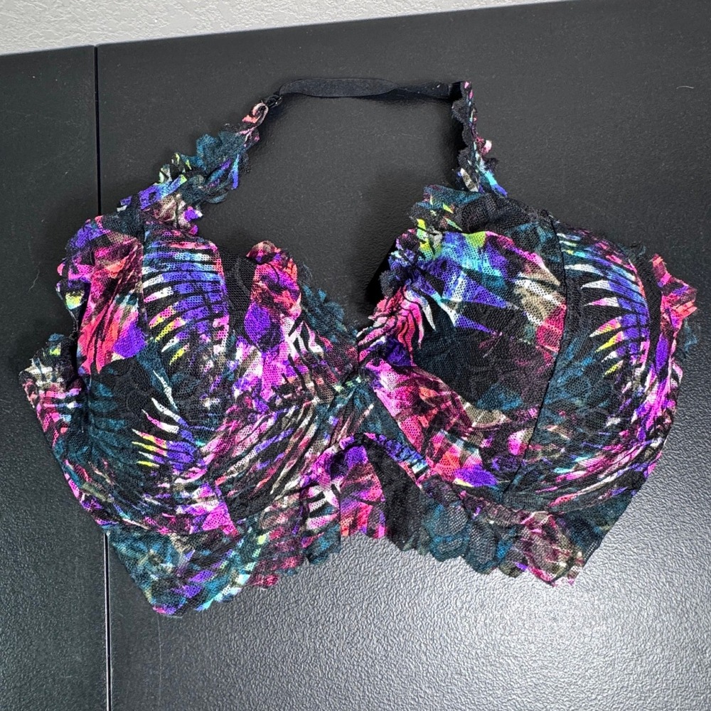 Victoria's Secret PINK Halter‎ Bralette Large L(DD) Tropical Lace Palm Black